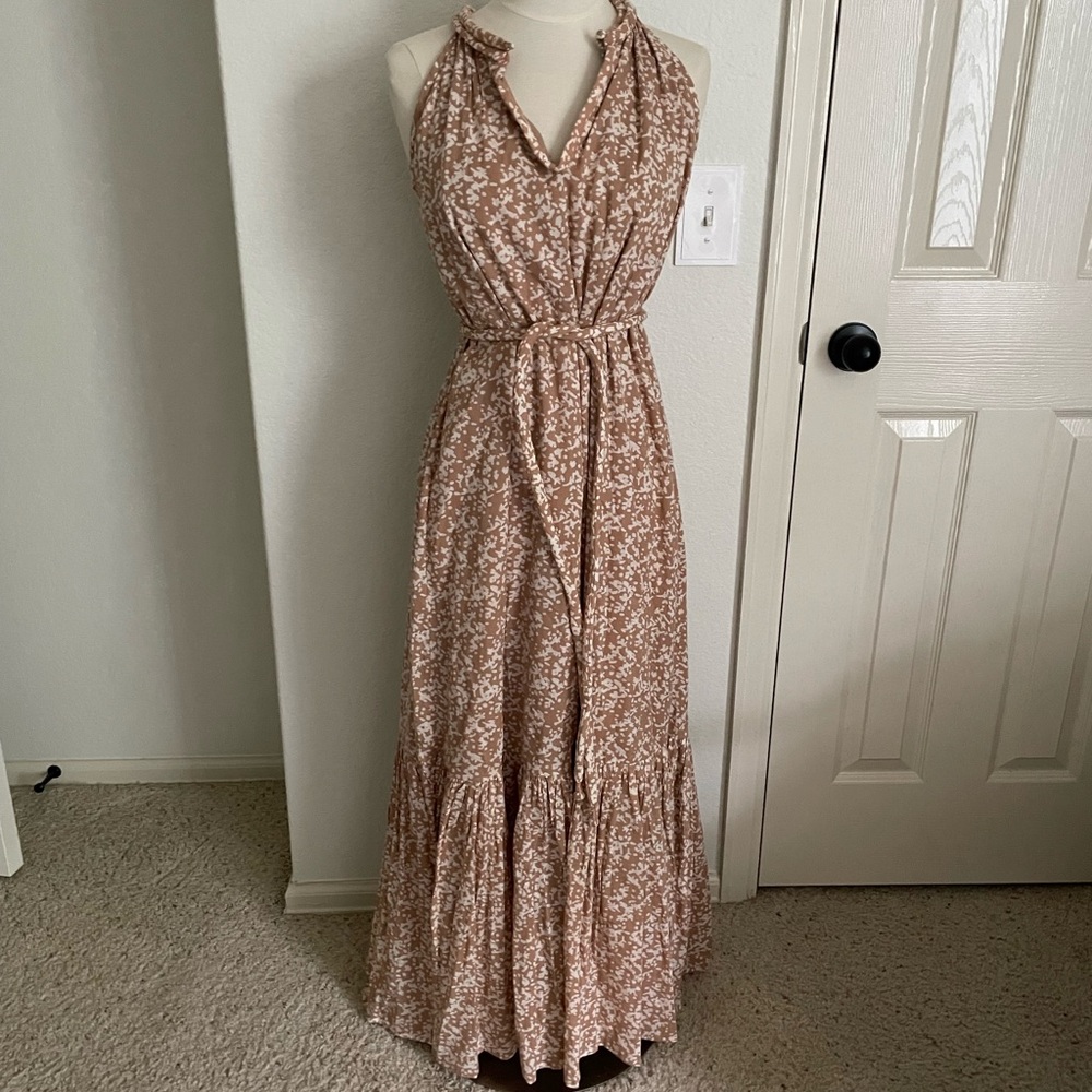 Mirth Corsica Halter Maxi Dress in desert sand tan floral tie waist
